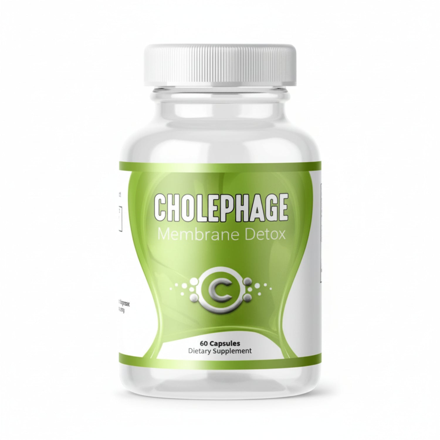 white Supplement bottle of  Cholephage Membrane Detox with white and green label on a white background