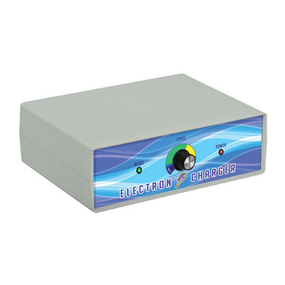 Electron charger device with a blue and gray design on a white background