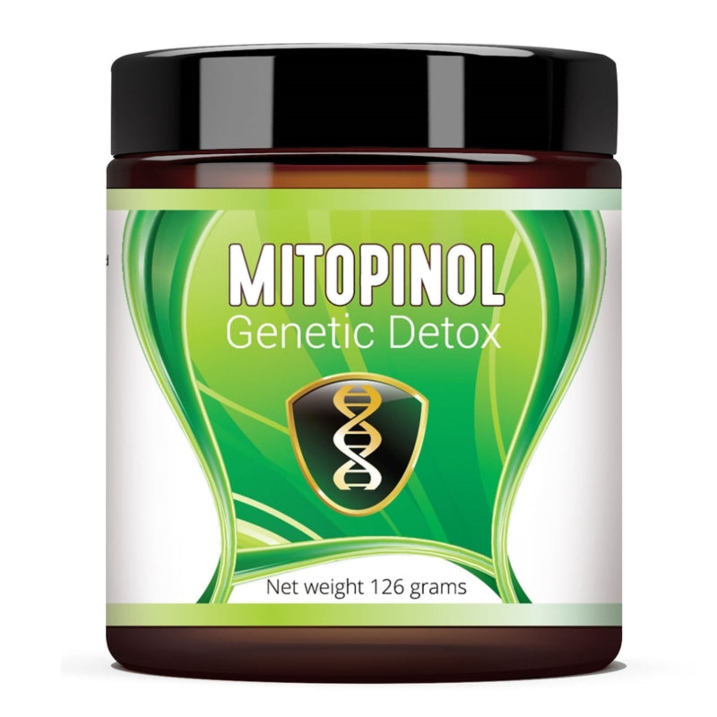 Jar of Mitopinol Genetic Detox with green and black design on a white background