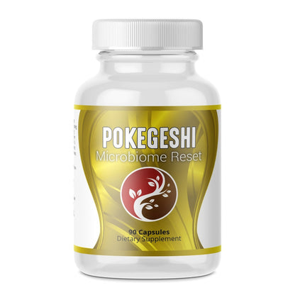 Supplement bottle labeled 'Pokegeshi Microbiome Reset' on a white background