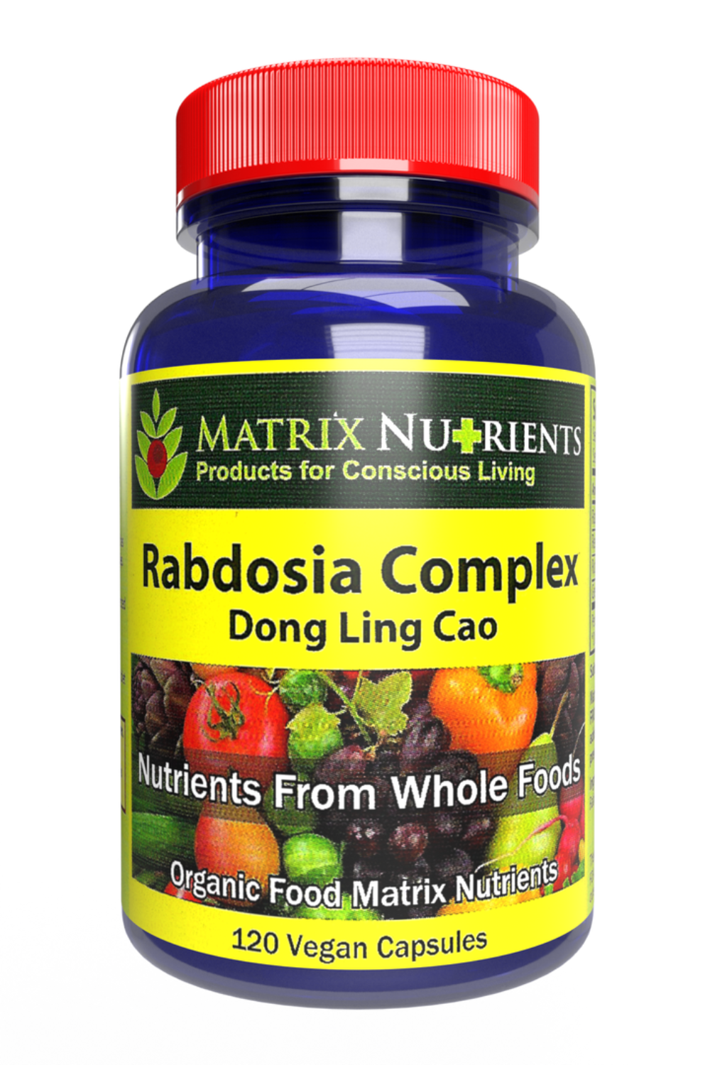 Bottle of Matrix Nutrients Rabdosia Complex 120 vegan capsules on a white background
