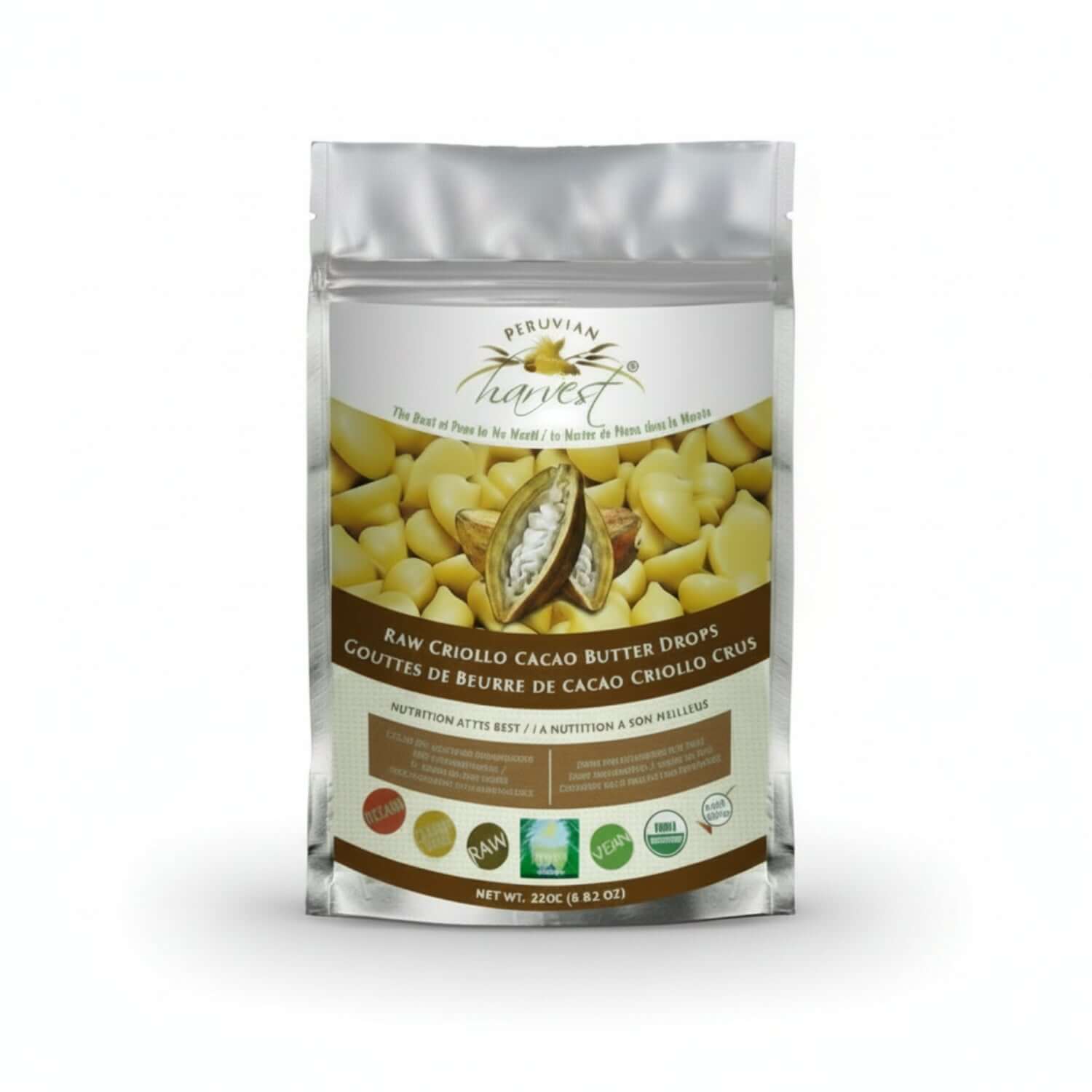 Package of Peruvian Harvest Raw Criollo Cacao Butter Drops on a white background