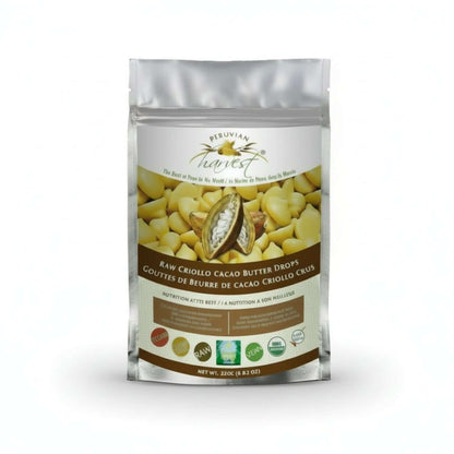 Package of Peruvian Harvest Raw Criollo Cacao Butter Drops on a white background