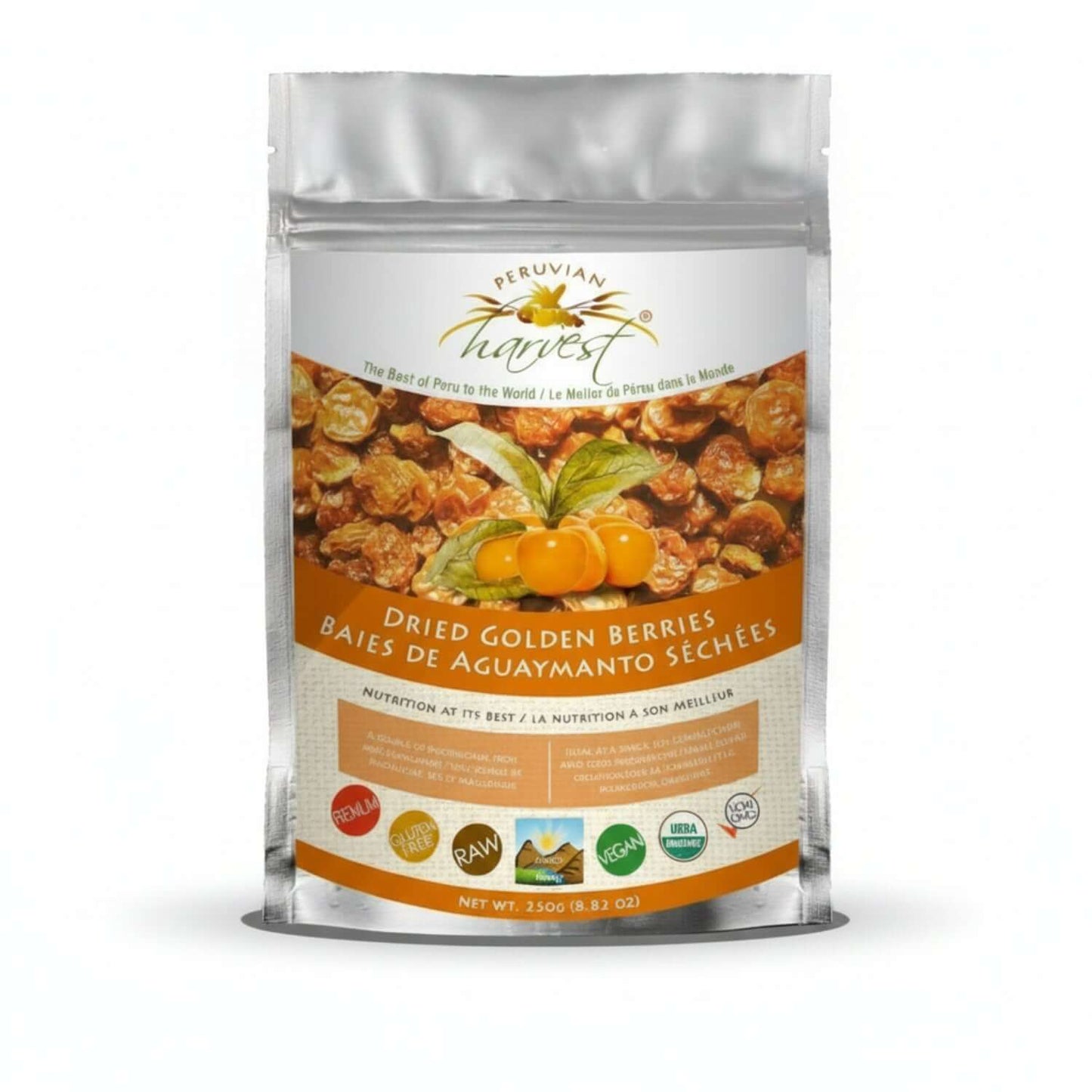 Peruvian Harvest dried golden berries packaging on a white background