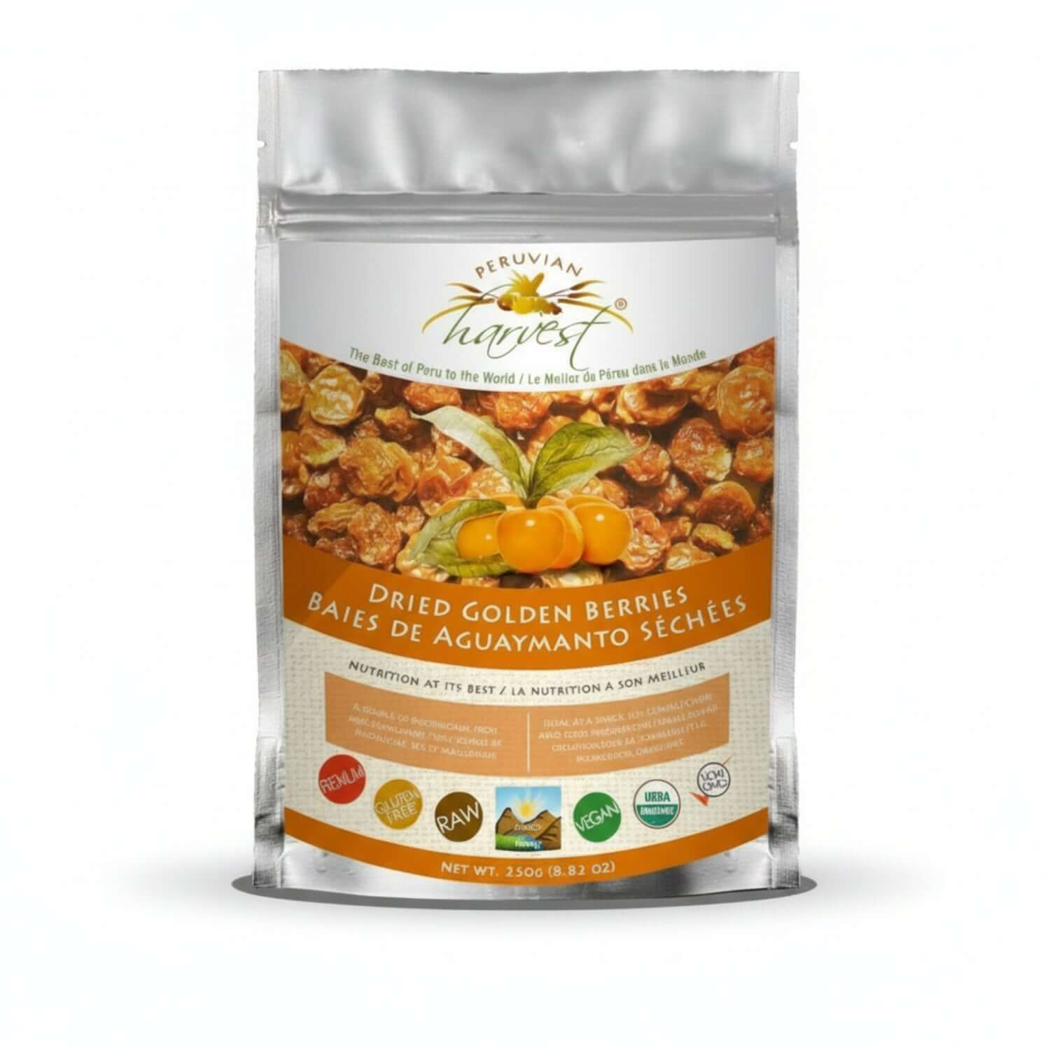 Peruvian Harvest dried golden berries packaging on a white background