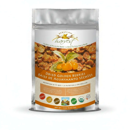 Peruvian Harvest dried golden berries packaging on a white background