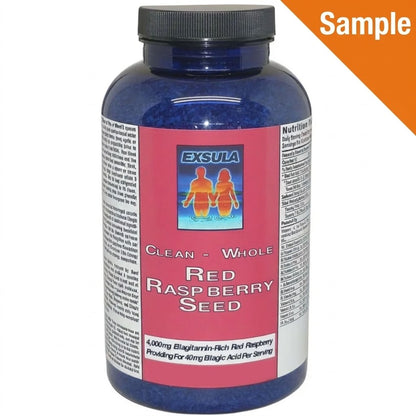 Red Raspberry Seeds - Ellagic Acid Source by Exsula Superfoods, showing a blue container with nutrition information.