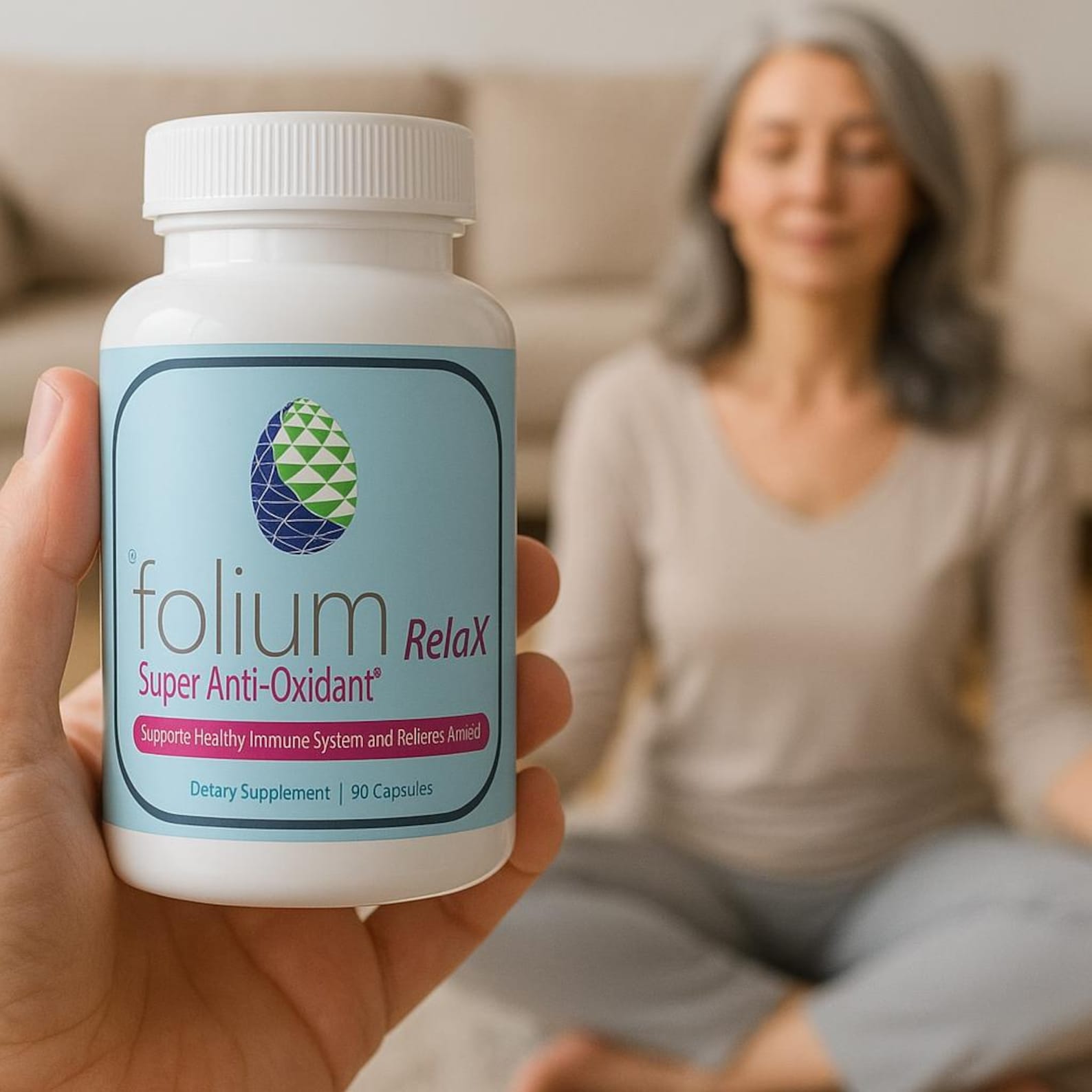 Person holding a bottle of 'folium Relax' supplements with a blurred background of a woman sitting on a couch.