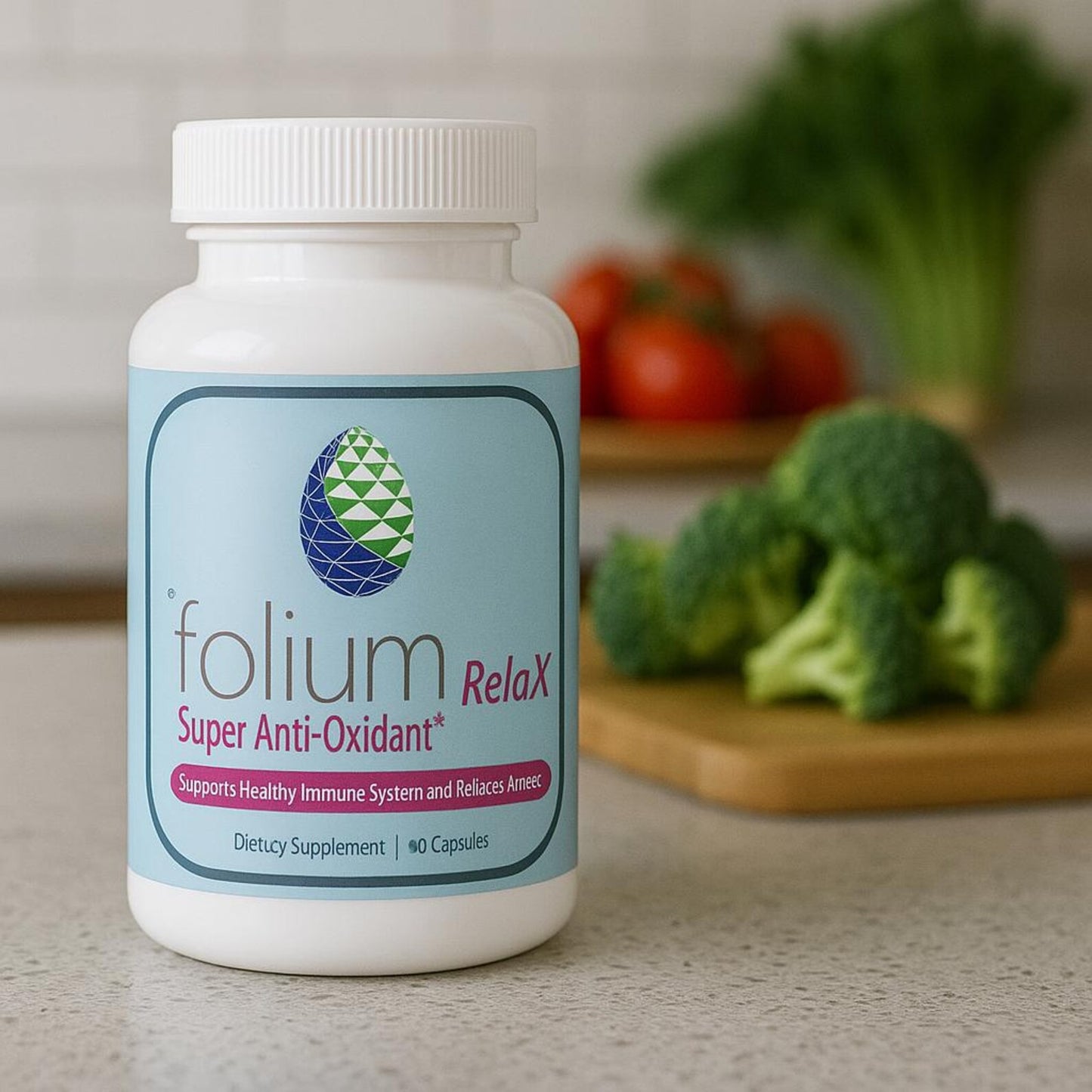 Supplement bottle labeled 'folium Relax' with vegetables in the background