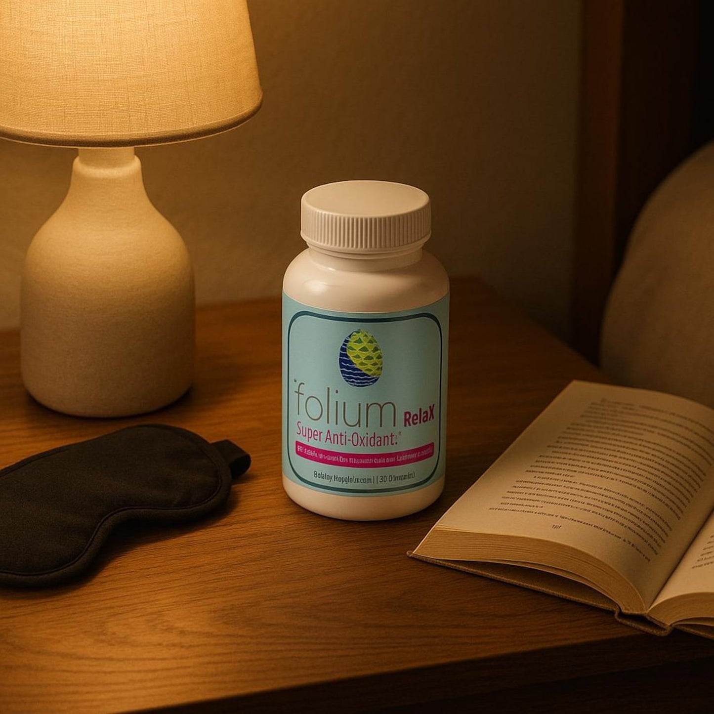 Folium Relax supplement bottle on a bedside table with a lamp, eye mask, and book.