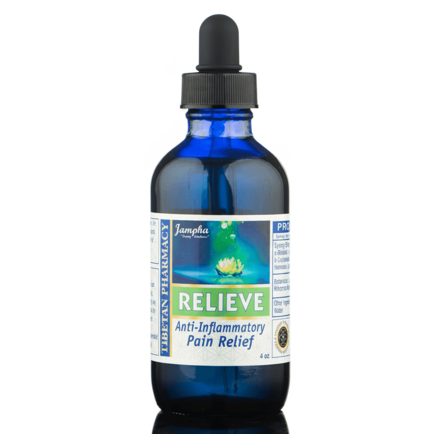 Blue glass bottle with a dropper labeled 'Relieve' on a white background