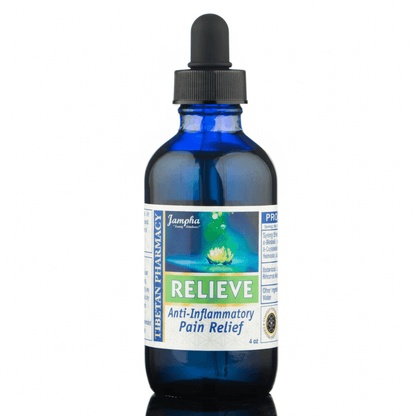 Blue glass bottle with a dropper labeled 'Relieve' on a white background