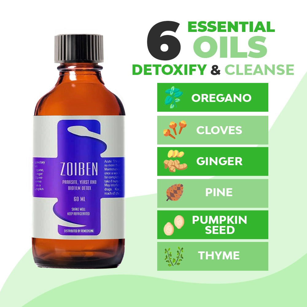 Bottle of Zoiben essential oils with a list of 6 essential oils on a green background