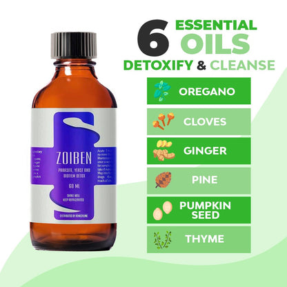 Bottle of Zoiben essential oils with a list of 6 essential oils on a green background