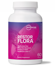 RestorFlora probiotic bottle, optimizes gut microbial balance during & after antibiotic use, Restore Gut Balance After Antibiotics