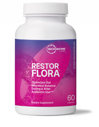 RestorFlora probiotic bottle, optimizes gut microbial balance during & after antibiotic use, Restore Gut Balance After Antibiotics
