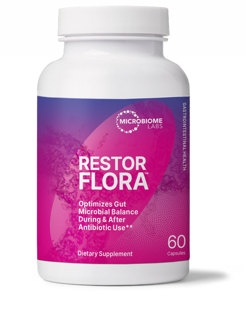 RestorFlora probiotic bottle, optimizes gut microbial balance during & after antibiotic use, Restore Gut Balance After Antibiotics