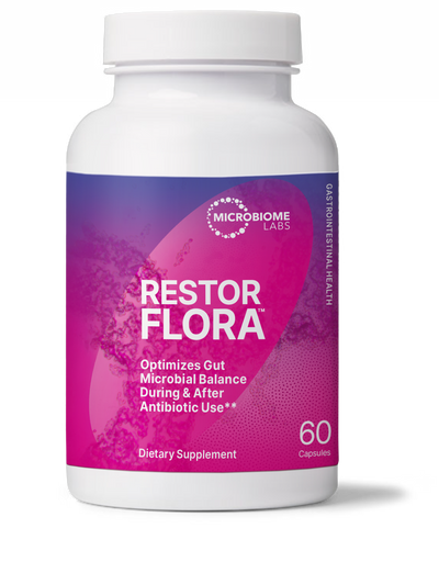 RestorFlora probiotic bottle, optimizes gut microbial balance during & after antibiotic use, Restore Gut Balance After Antibiotics