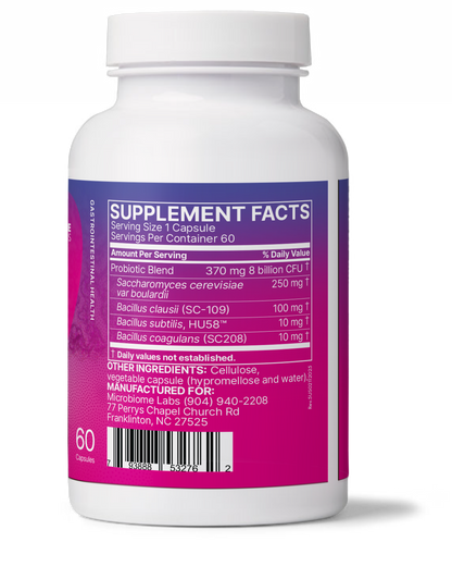 RestorFlora supplement facts label showing probiotic blend to restore gut balance after antibiotics.