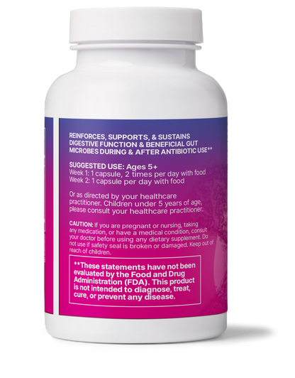 RestorFlora probiotic supplement bottle promoting restore gut balance after antibiotics.
