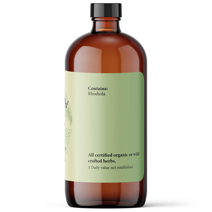 Brown glass bottle with a green label on a white background