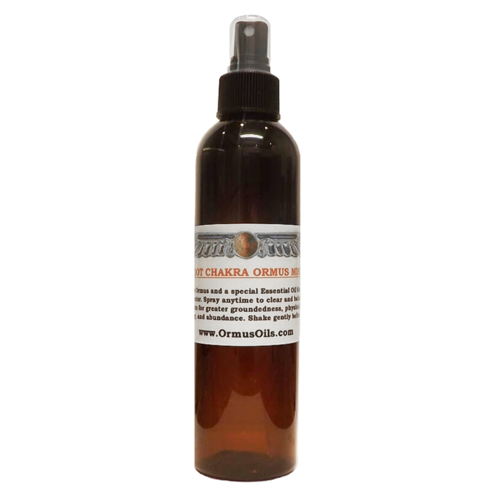 Root Chakra Ormus Mist 60ml Brown spray bottle with a label on a white background