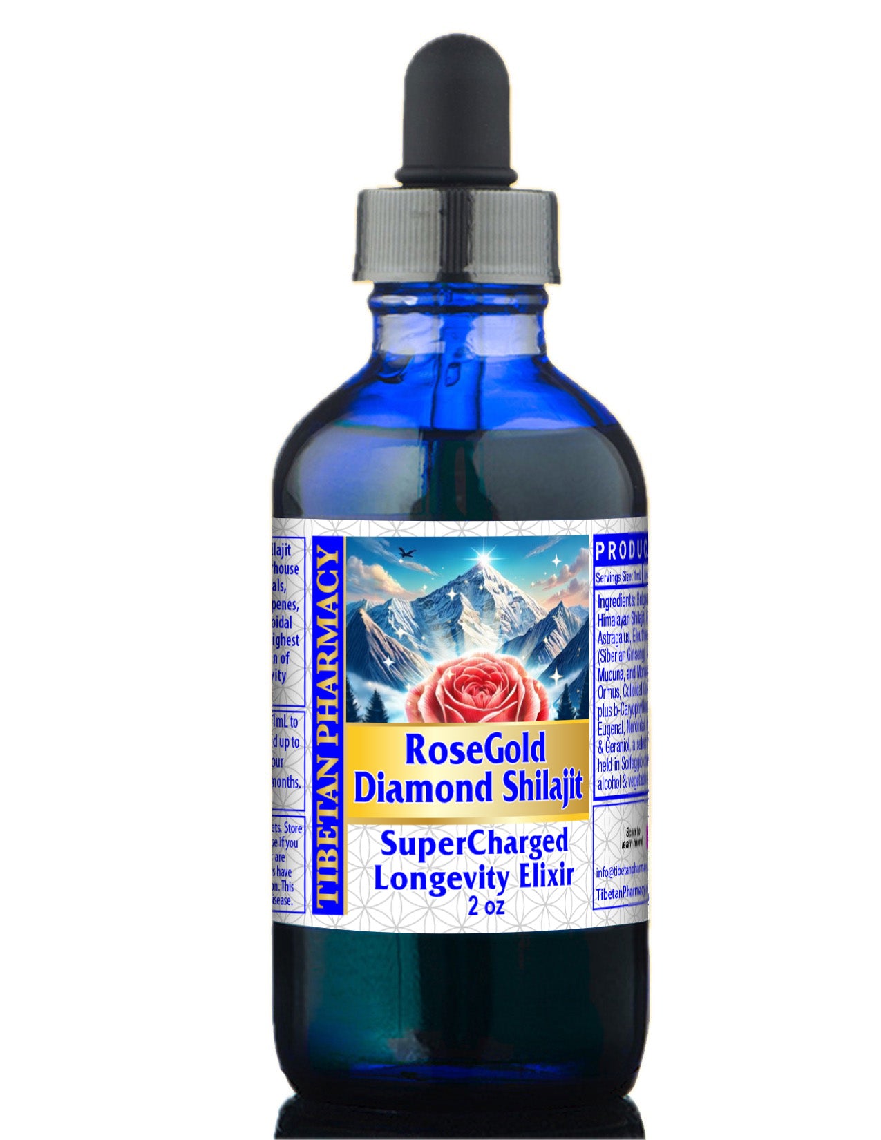 Blue glass bottle with a dropper labeled 'RoseGold Diamond Shilajit' on a white background