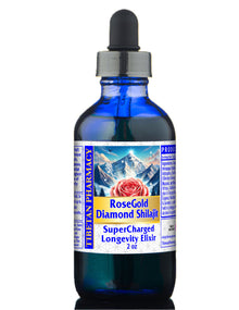 Blue glass bottle with a dropper labeled 'RoseGold Diamond Shilajit' on a white background
