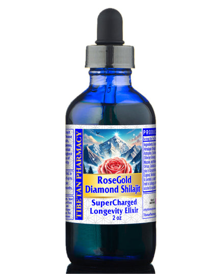 Blue glass bottle with a dropper labeled 'RoseGold Diamond Shilajit' on a white background