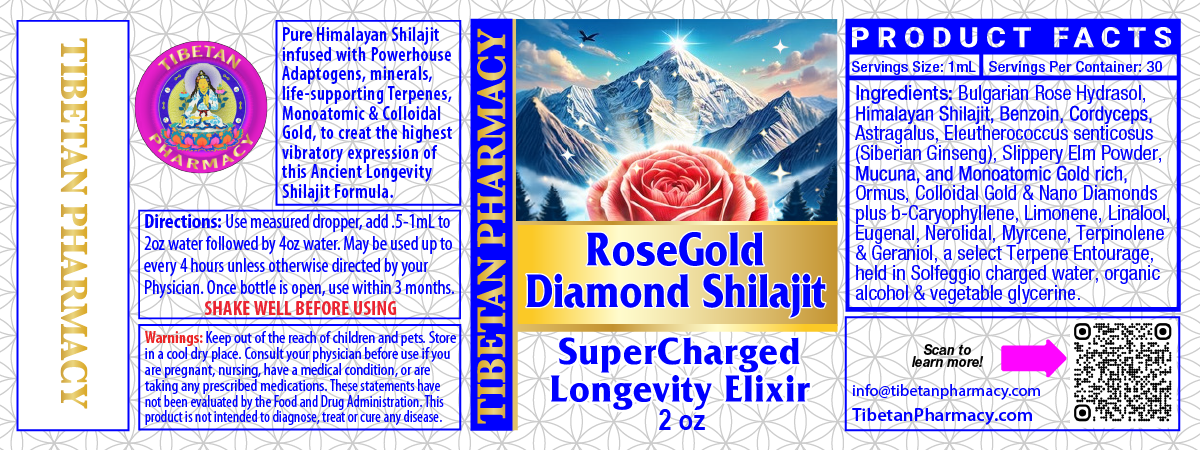 RoseGold Diamond Shilajit label with mountain and rose imagery on a blue background