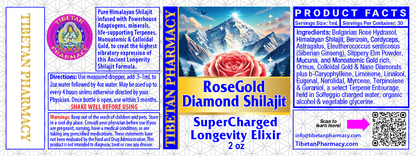 RoseGold Diamond Shilajit label with mountain and rose imagery on a blue background