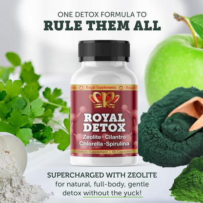 Royal Detox supplement bottle with green apple, herbs, and powder on a light background