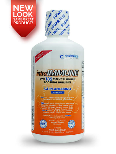 intraIMMUNE bottle with comprehensive immune support label and new look, showcasing 135 essential immune-boosting nutrients.