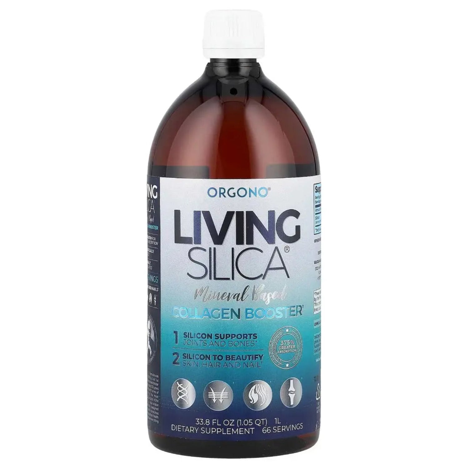 Bottle of Organo Living Silica supplement on a white background