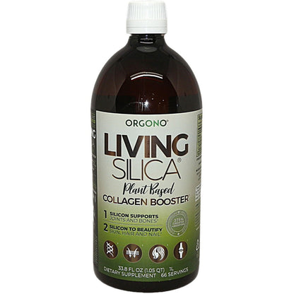 Bottle of Organo Living Silica plant-based Collagen Booster on a white background