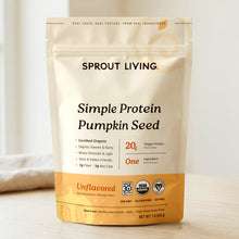 Organic Plant Protein Powder by Sprout Living, featuring Simple Protein Pumpkin Seed with 20g protein per serving, unflavored.