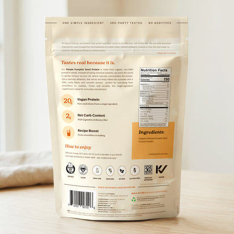 Back view of Pumpkin Seed Protein - Organic Plant Protein Powder bag showing nutrition facts and ingredients information.