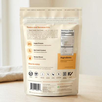 Back view of Pumpkin Seed Protein - Organic Plant Protein Powder bag showing nutrition facts and ingredients information.