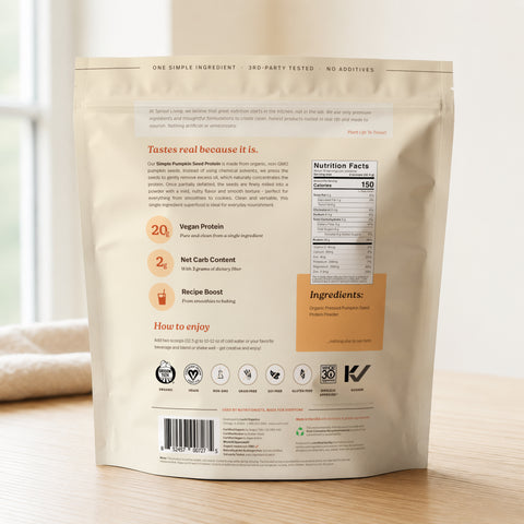 Back packaging of Organic Plant Protein Powder showing ingredients, nutrition facts, and vegan information.