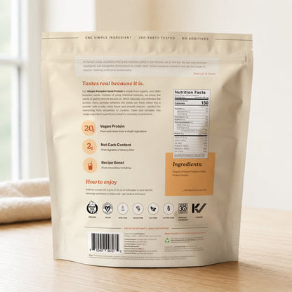 Back packaging of Organic Plant Protein Powder showing ingredients, nutrition facts, and vegan information.