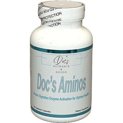 white supplement bottle labeled 'Doc's Aminos' on a white background