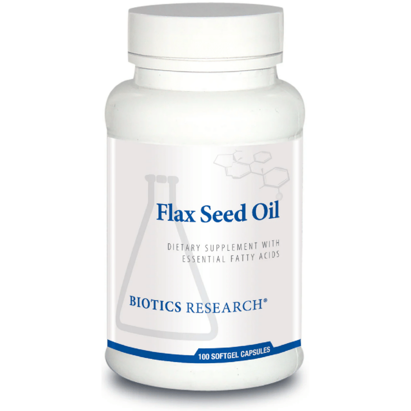Bottle of Flax Seed Oil supplement by Biotics Research on a white 