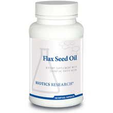 Bottle of Flax Seed Oil supplement by Biotics Research on a white 