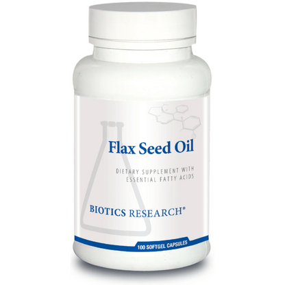 Bottle of Flax Seed Oil supplement by Biotics Research on a white 