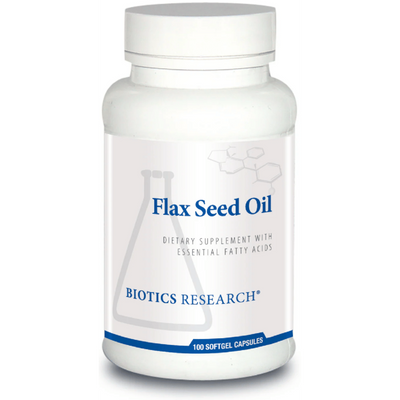 Bottle of Flax Seed Oil supplement by Biotics Research on a white 