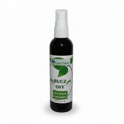 dark brown spray bottle with white top and white label with green leaves and mosquitos, GaiaThera logo, BUGZ OFF, real results in one minute 125ml