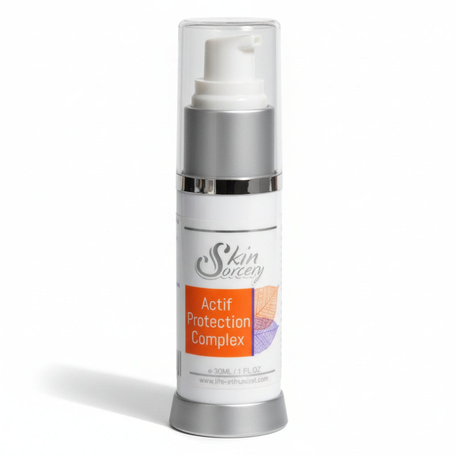 pump bottle of Skin Sorcery Actif Protection Complex 30ml, some orange with leaves on white background