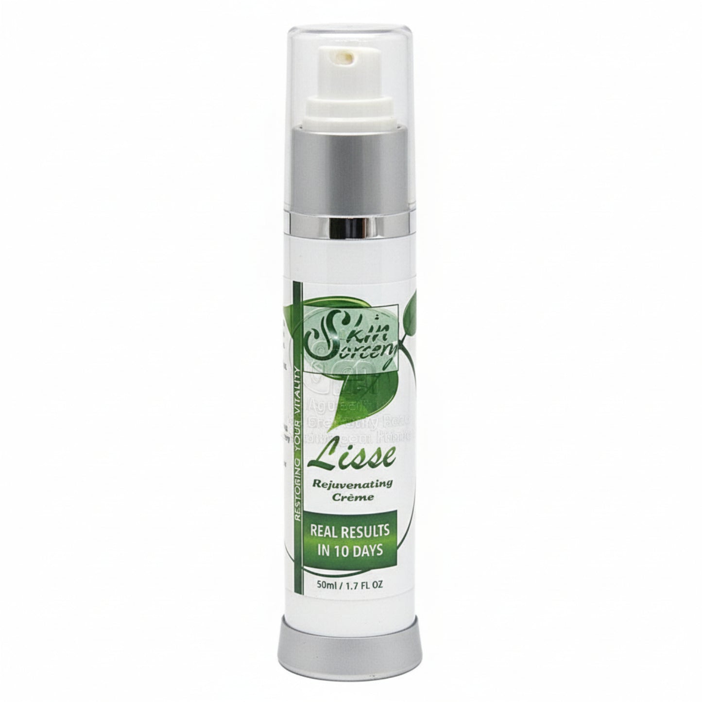 Skin Sorcery xkincare cream bottle labeled 'Lisse Rejuvenating Creme' with green leaf design on a white background