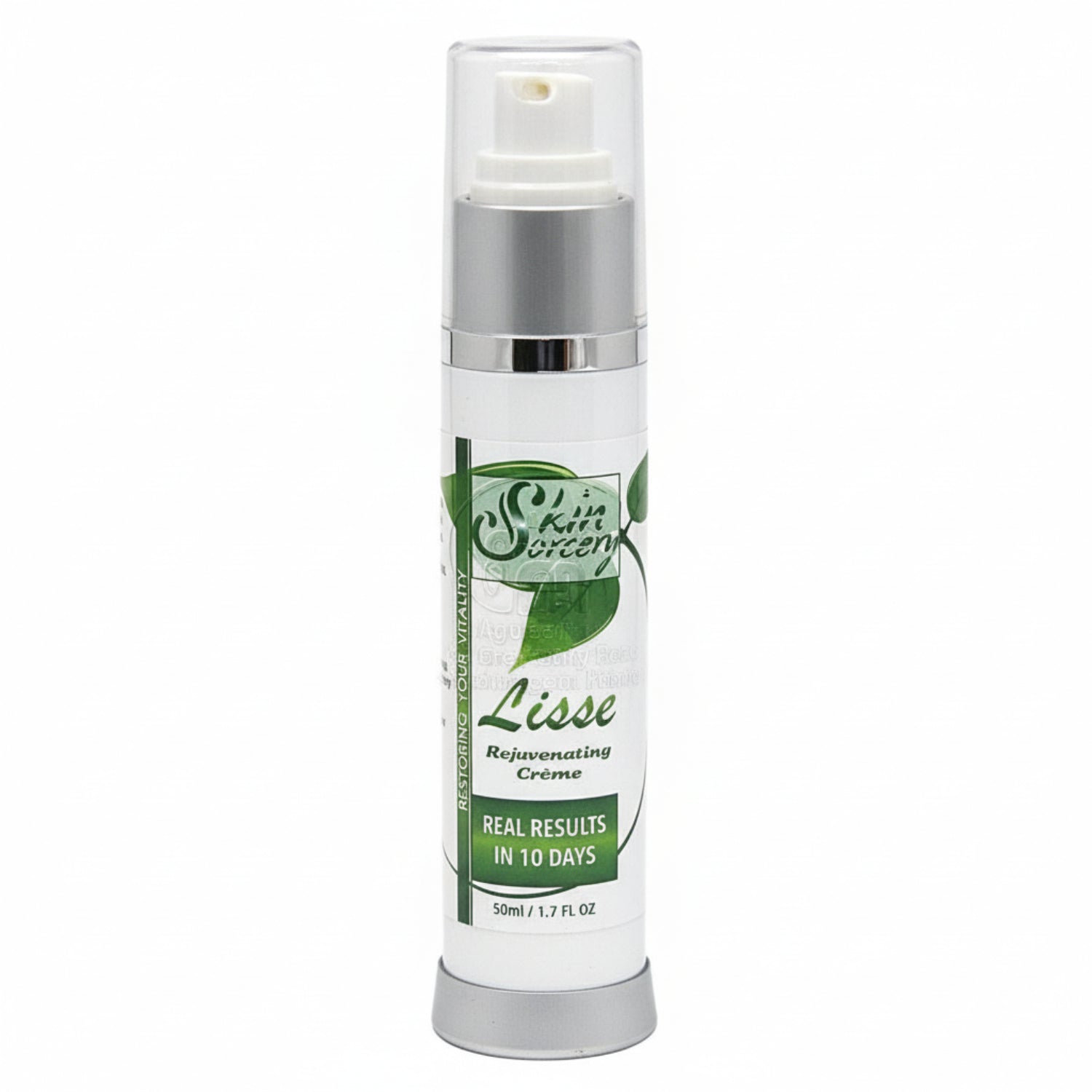 Skin Sorcery xkincare cream bottle labeled 'Lisse Rejuvenating Creme' with green leaf design on a white background