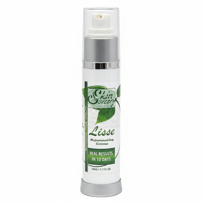 Skin Sorcery xkincare cream bottle labeled 'Lisse Rejuvenating Creme' with green leaf design on a white background